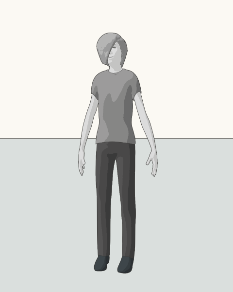 Theo, long hair · slender build, with a distinct grayscale skin tone