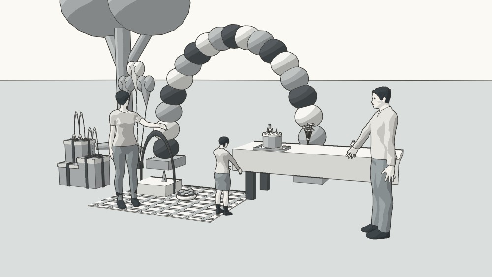 Friends, a child, a birthday cake and a picnic beneath a balloon arch.