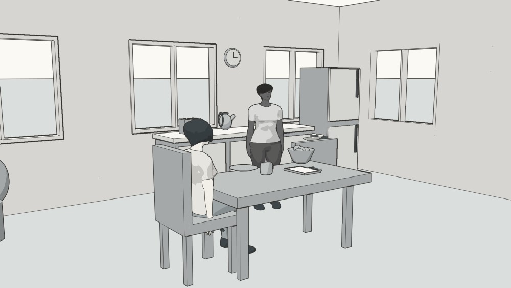 Maya and Jules in a kitchen, viewed across the table