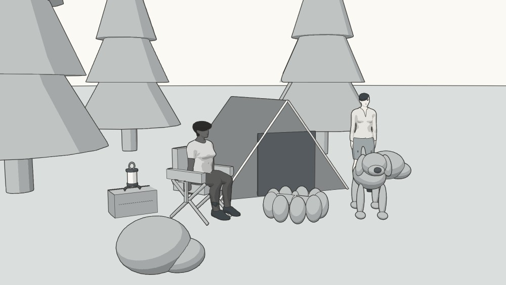 Two characters and a dog at a campsite beside a tent and fire pit