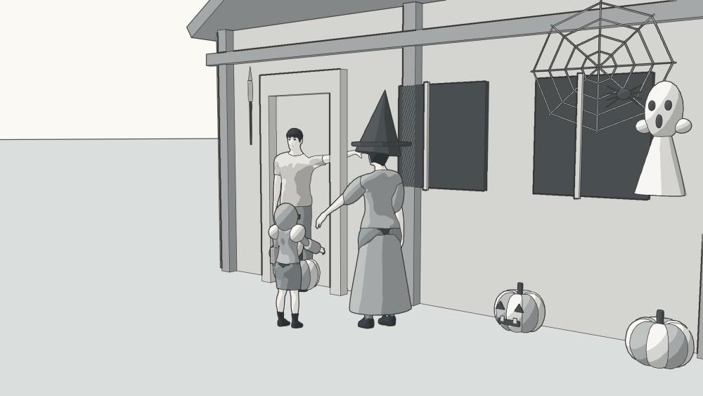 A small knight and a witch visit a neighbour between pumpkins, cobwebs and a ghost.