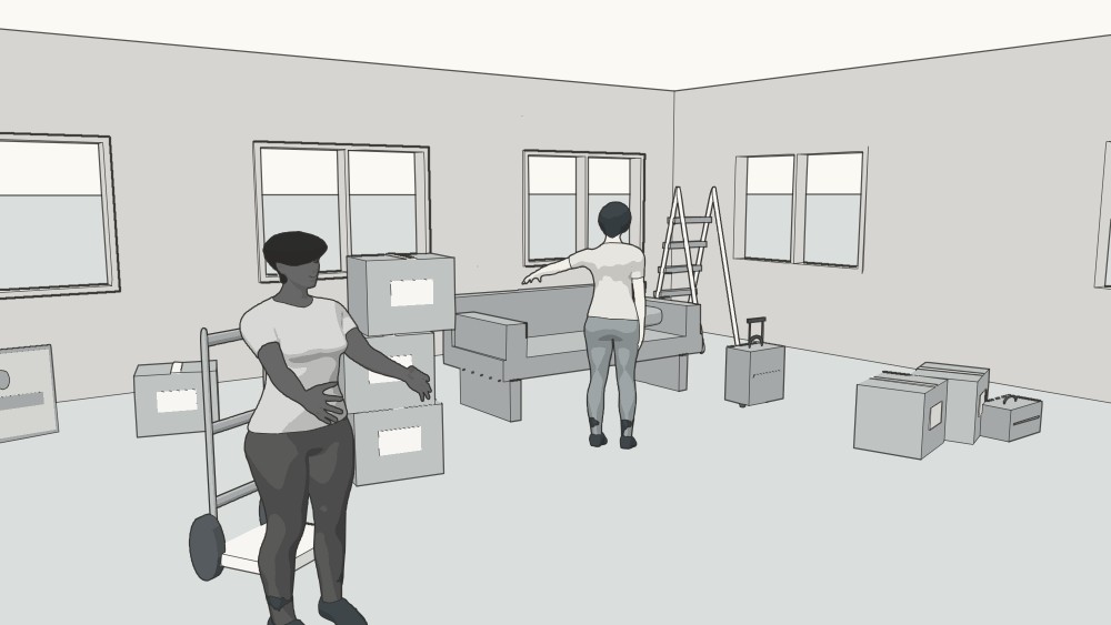 Two characters surrounded by boxes, furniture and a hand truck