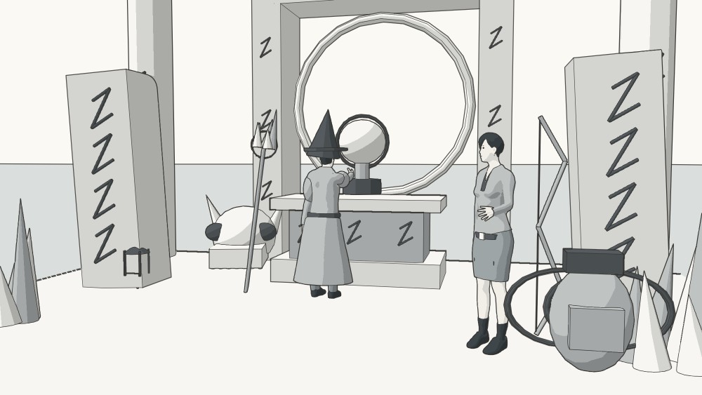 A mage reaches for an ancient orb while a ranger keeps watch among the ruins.